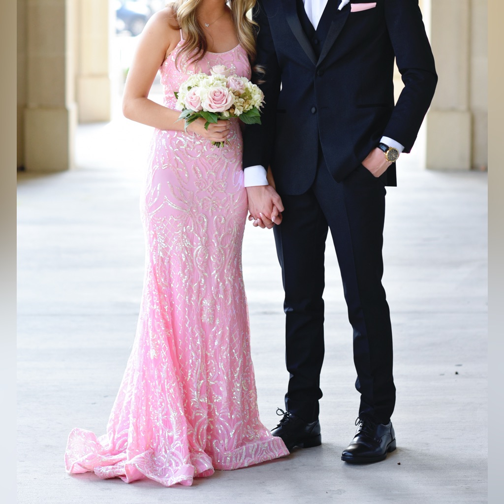 Strapless Pink Prom Gown With Lace Overlay
